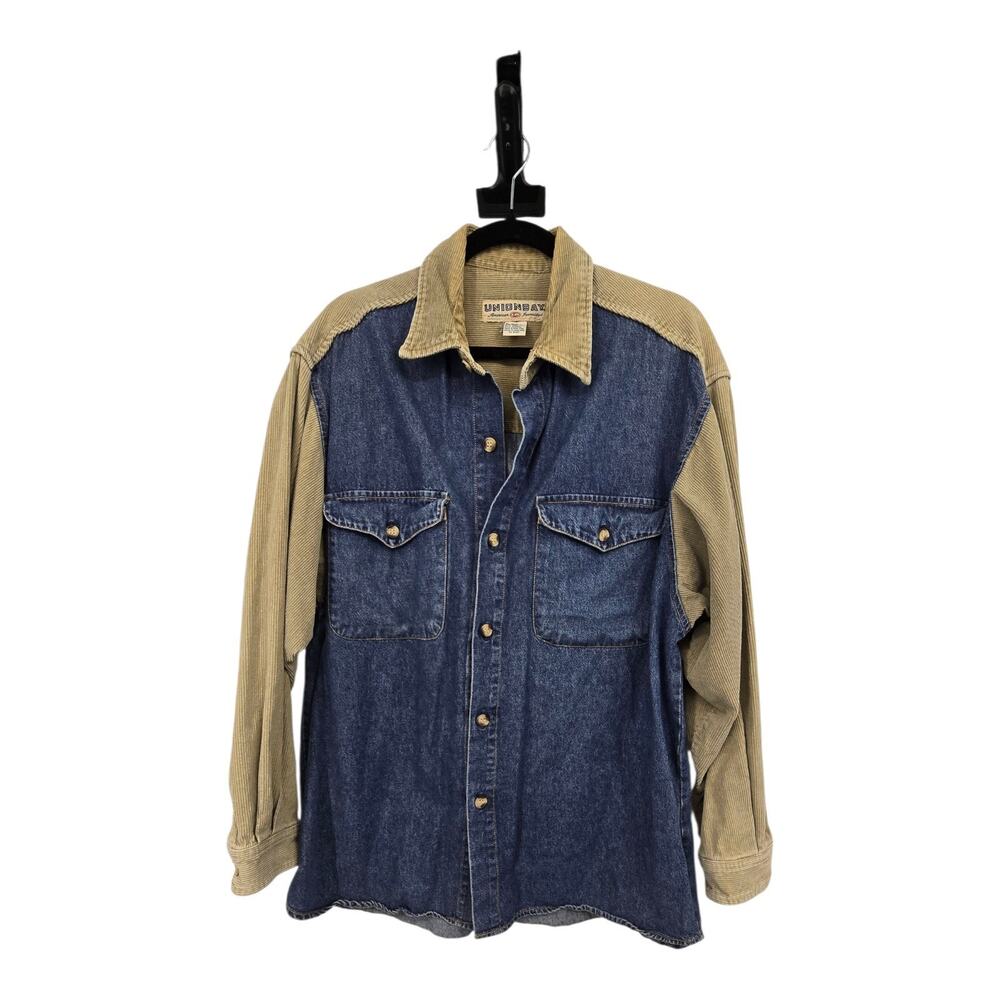 Vintage 90s Union Bay Denim & Corduroy Shirt Men's LG Blue Tan Grunge Western